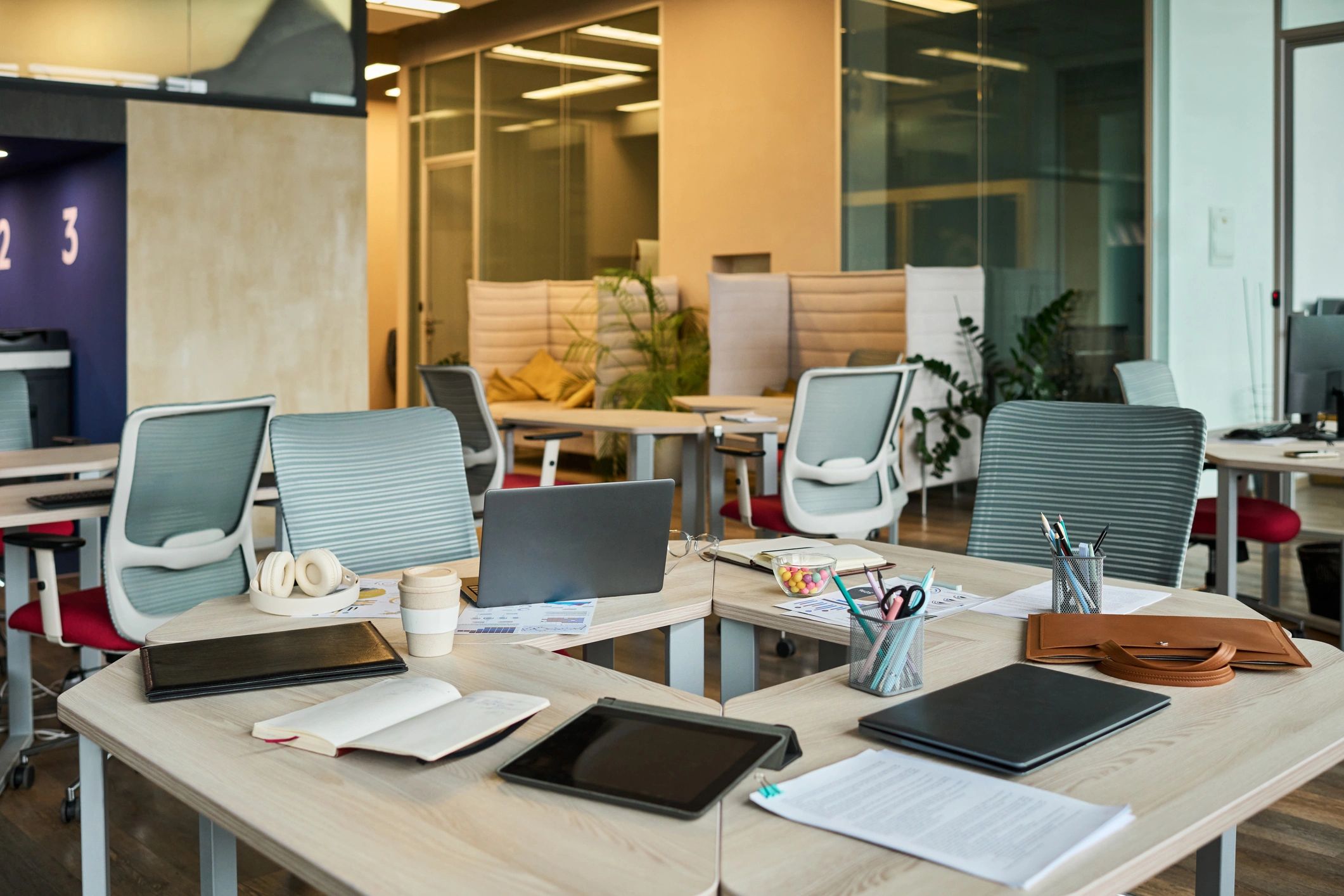 Modern open plan office workspace prepared for team collaboration