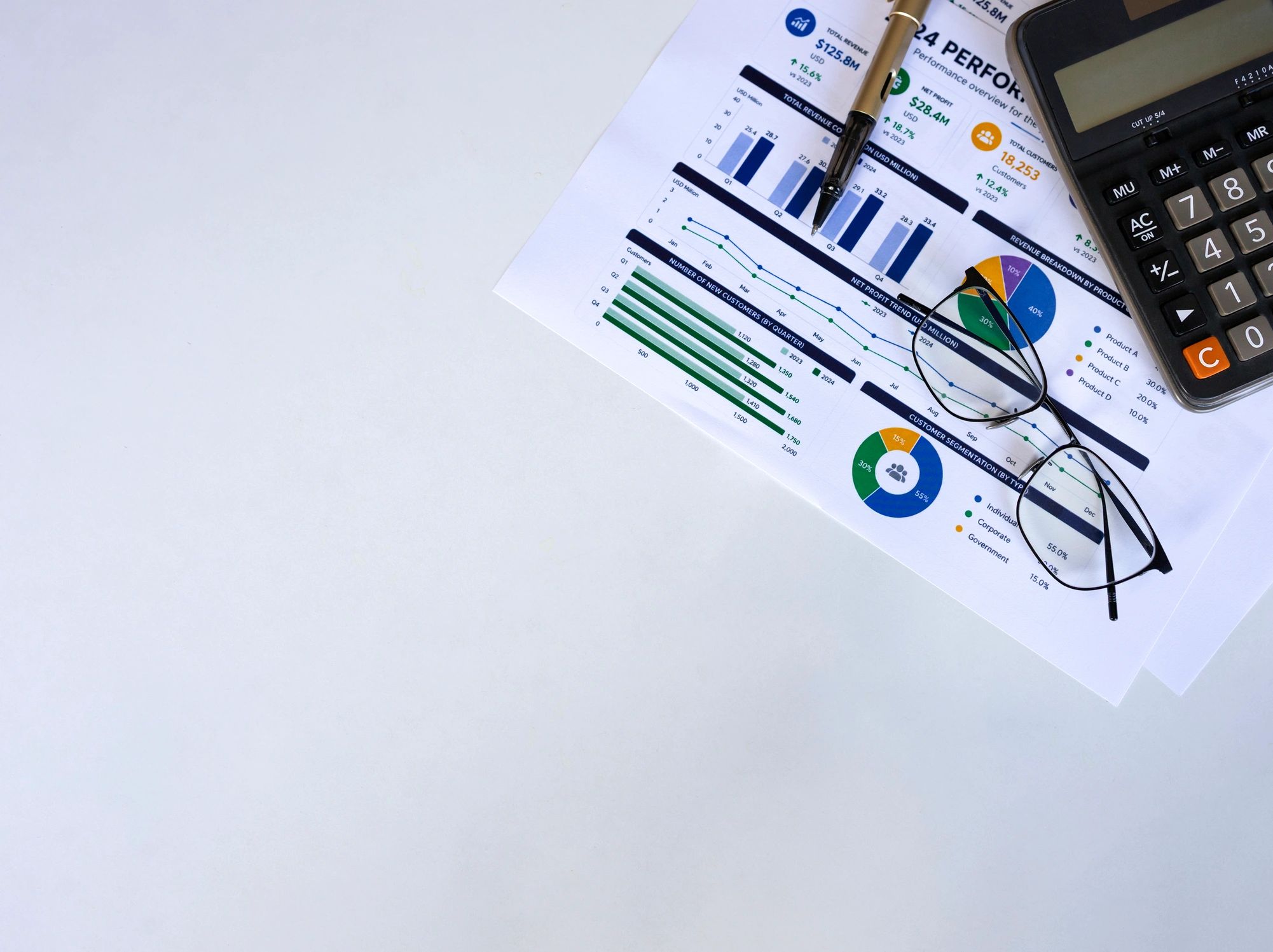 Business performance charts and analysis documents on desk