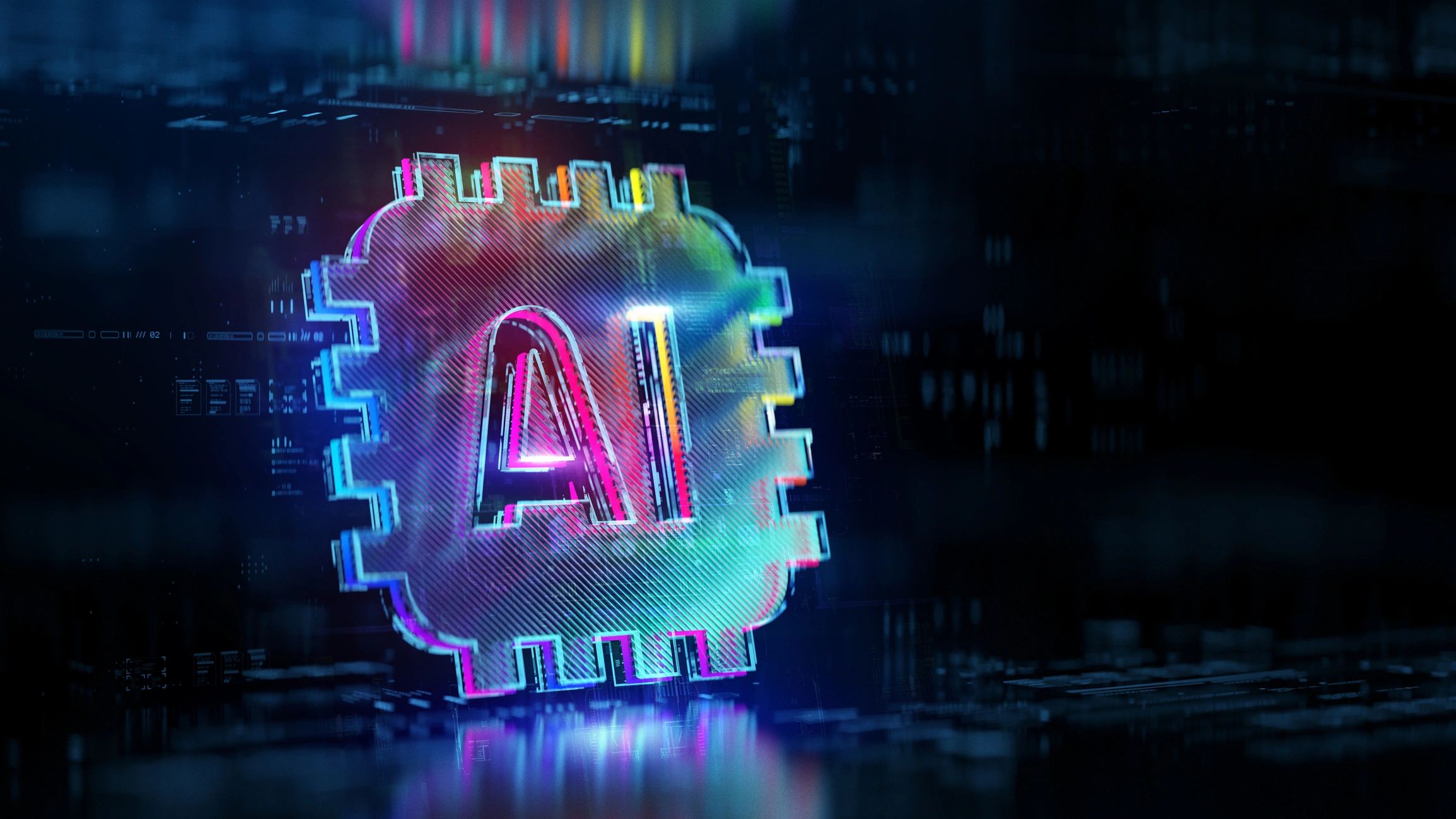 AI processor icon with rainbow iridescent finish floating over dark digital circuit board background in 3D render.