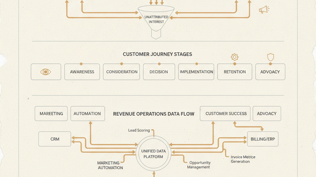 Strategic blueprint map illustrating enterprise B2B SaaS ABM signal orchestration and customer journey flow