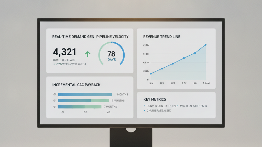 Executive dashboard showing enterprise B2B SaaS demand creation metrics and incremental revenue trends