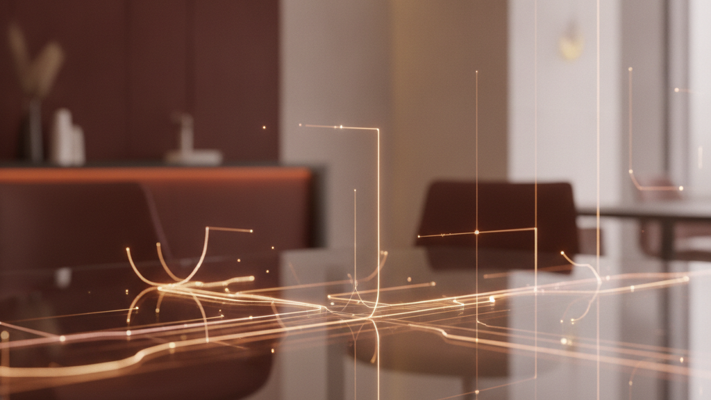 Abstract editorial conceptual photograph depicting B2B SaaS buyer signals and revenue intelligence flow across sleek glass surfaces